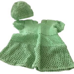 VTG Handmade Crochet Baby Dress Bonnet 6-9 M Mint Green Puff Sleeve Heirloom VBC